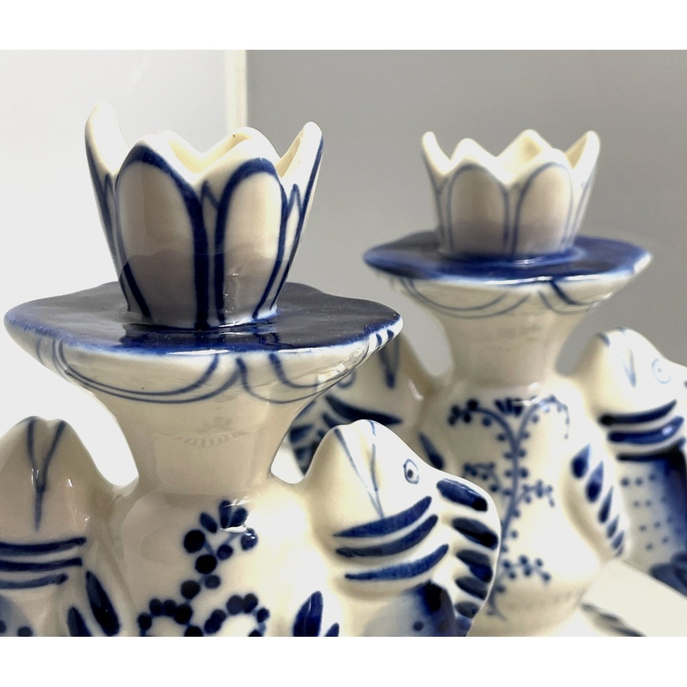 Gzhel Porcelain Russian Candlestick Hand Painted Blue & White Fish Theme Vintage - Picture 5 of 13